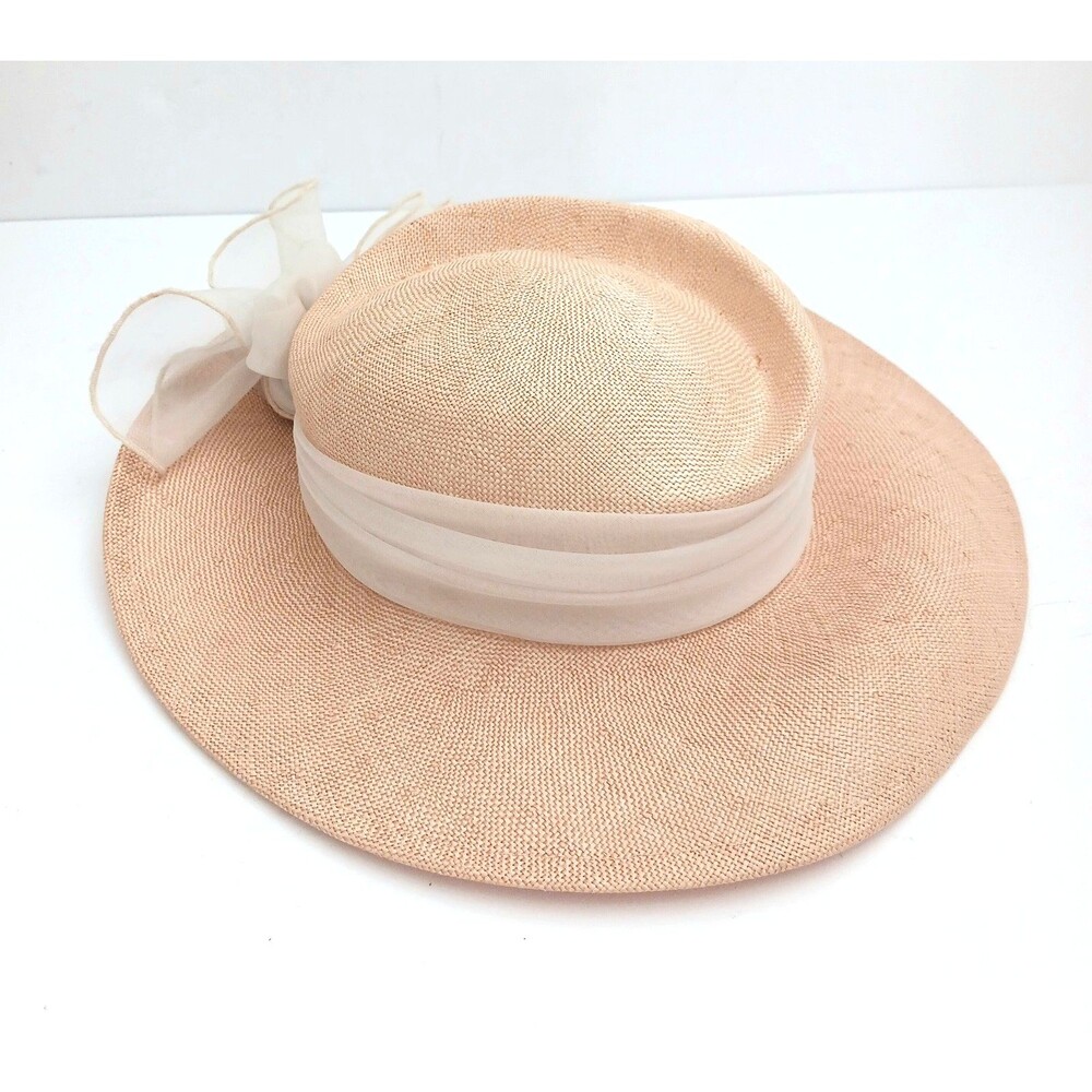 VTG Gwenn Pennington Woven Straw Wide Brim Hat Curved Crown Ivory Hatband Sz M